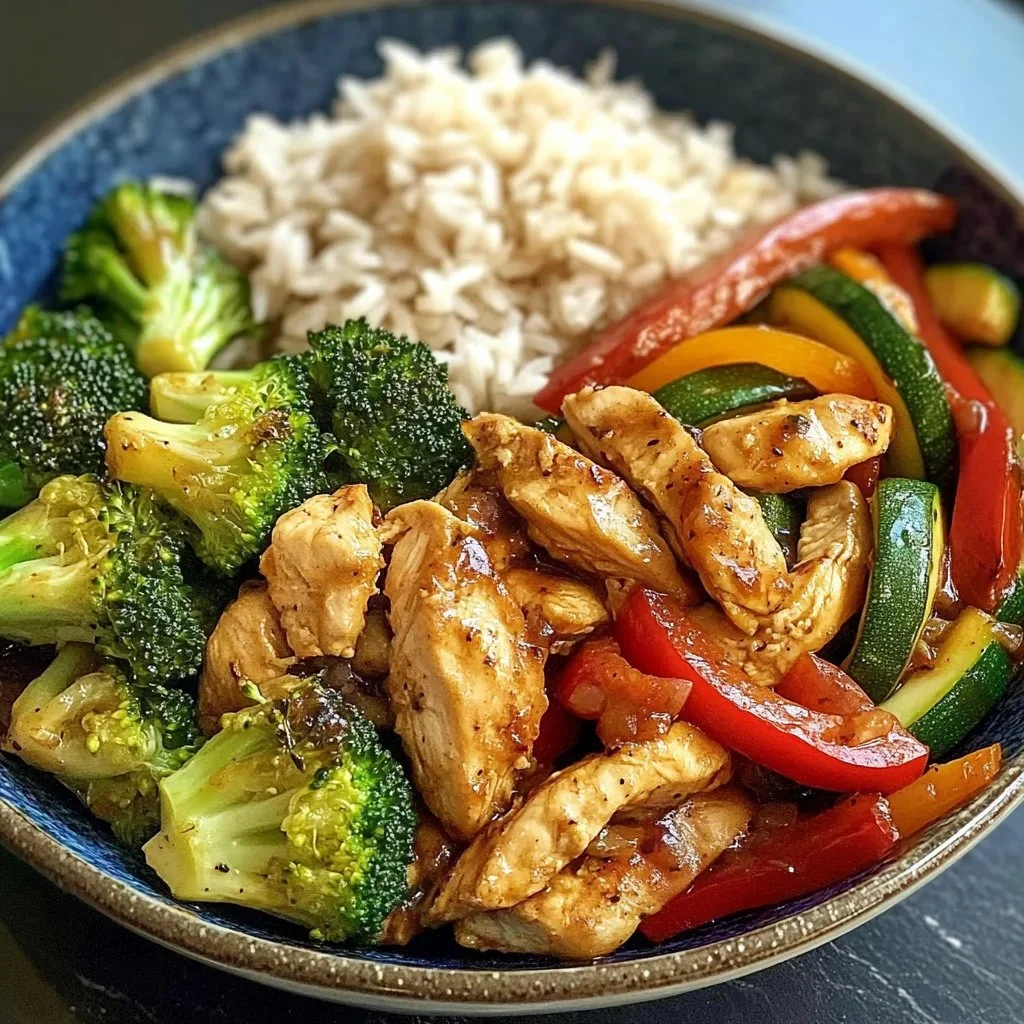 Delicious Chicken Veggie Stir-Fry served in a brown rice bowl with colorful vegetables.