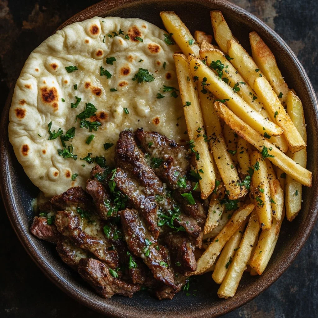 Delicious Garlic Butter Beef served with fries and naan bread