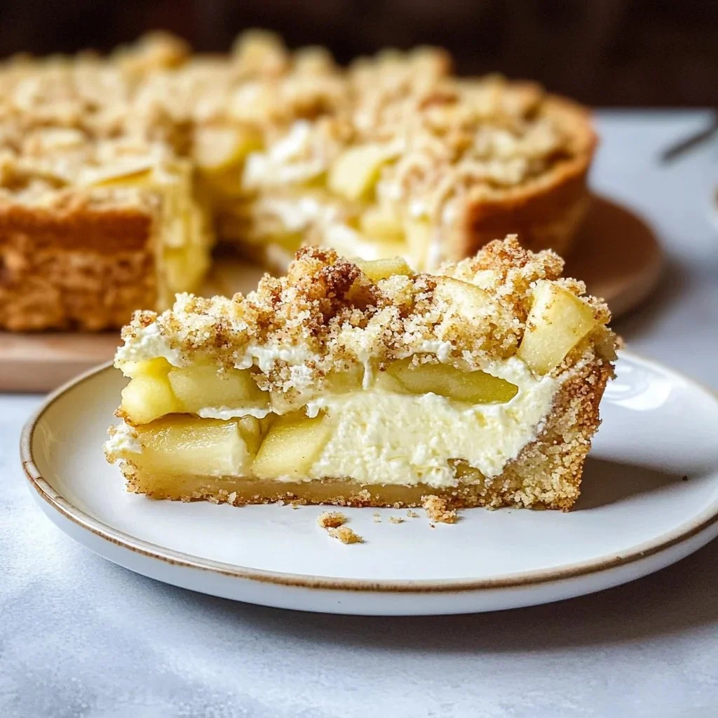Mascarpone Apple Crumble Cake with a crunchy topping and apple slices on a plate