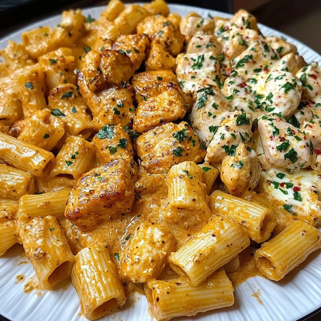 Spicy garlic butter steak served with melted mozzarella rotini on a plate