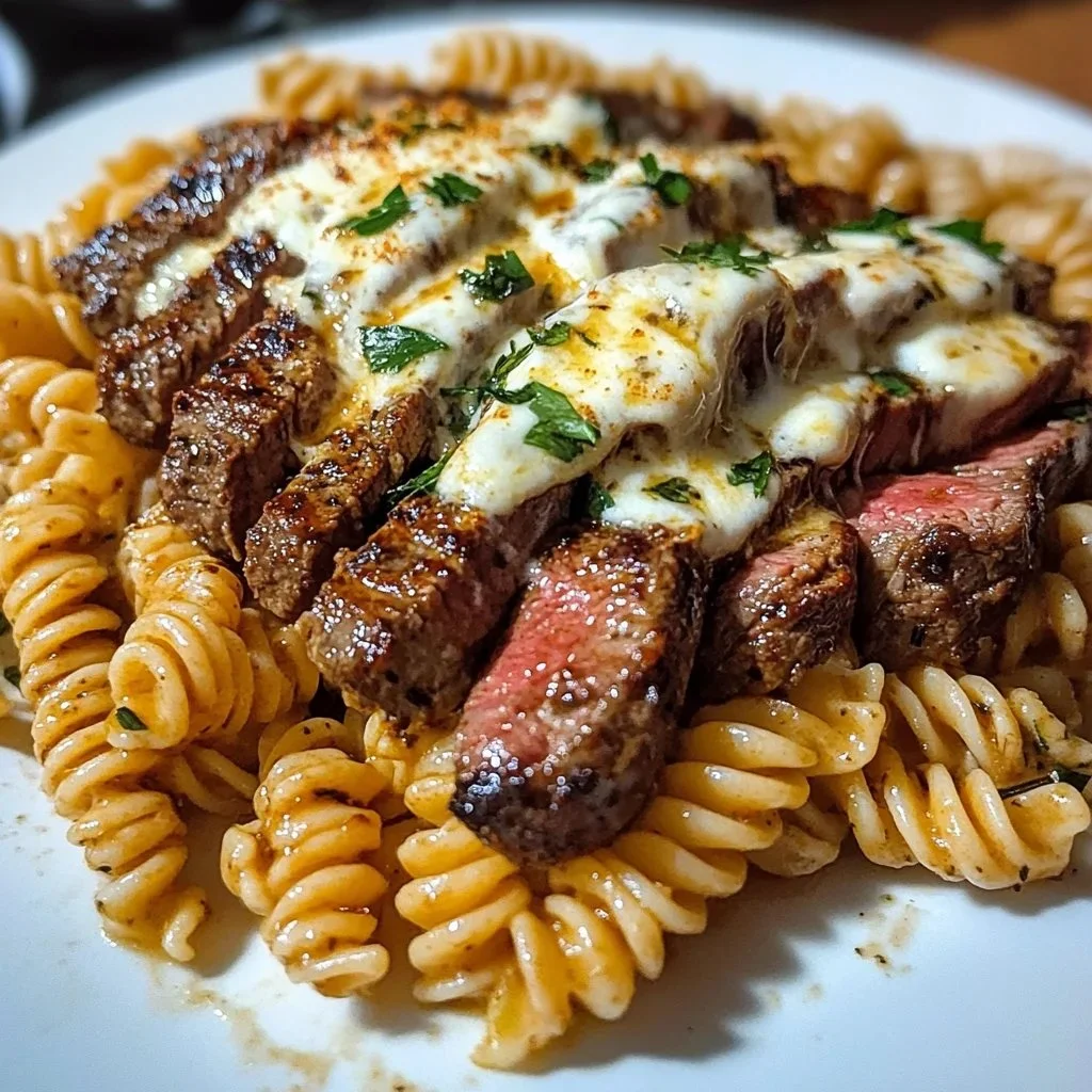 A plate of Spicy Garlic Chicken Linguine topped with Cheddar Parmesan cream