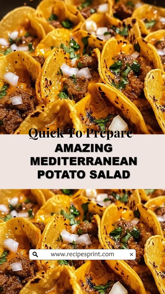 Bowl of amazing Mediterranean potato salad with fresh herbs and colorful veggies