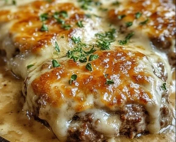 Amish Hamburger Steak Bake served in a rustic dish with savory gravy and vegetables