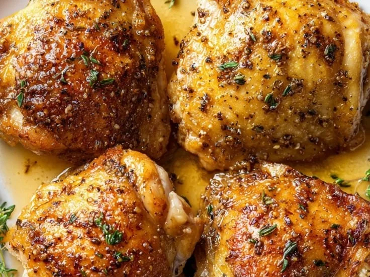 Baked boneless skinless chicken thighs on a plate with herbs and spices