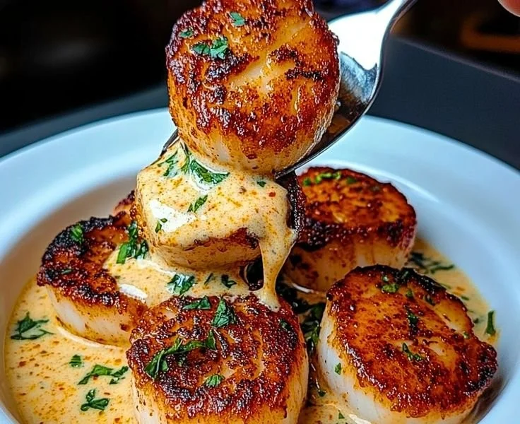Delicious Cajun Cream Scallops served with a creamy sauce and spices