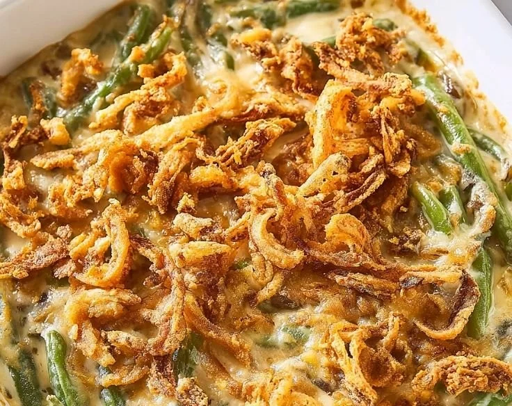 Delicious Campbell's green bean casserole topped with crispy fried onions