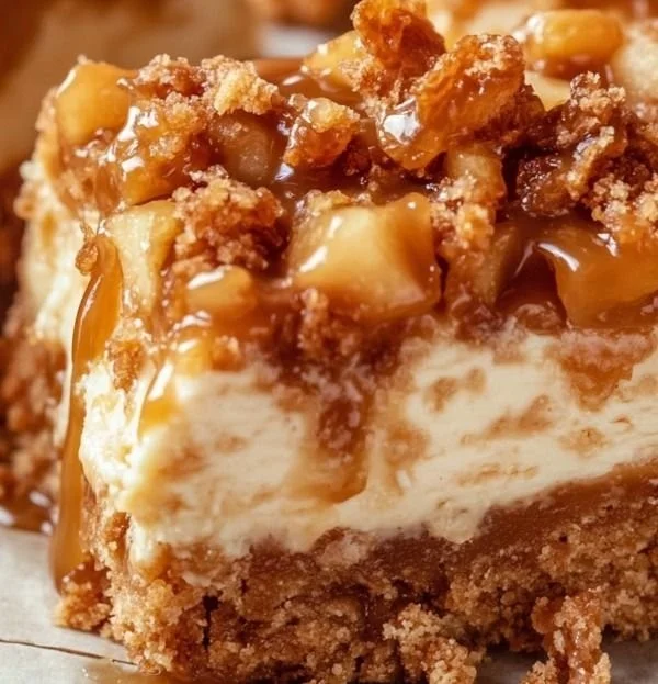 Delicious caramel apple cheesecake bars with a graham cracker crust