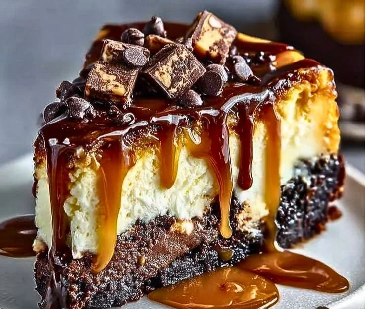 Delicious caramel brownie cheesecake topped with drizzled caramel sauce.