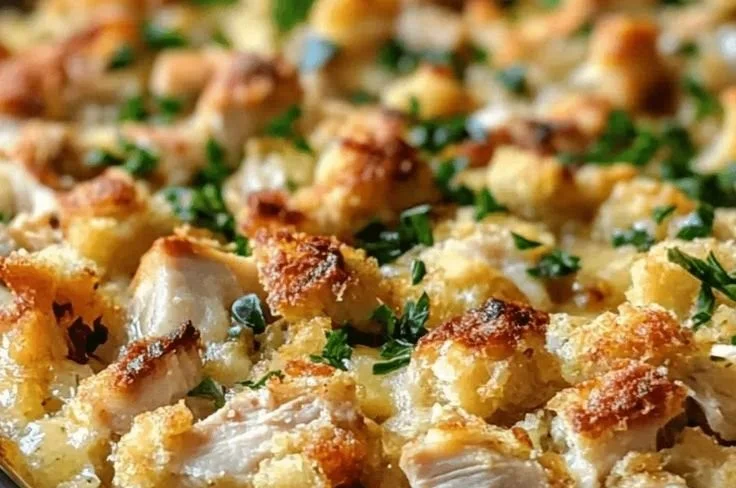 Delicious chicken and stuffing casserole ready to serve, perfect for family meals.