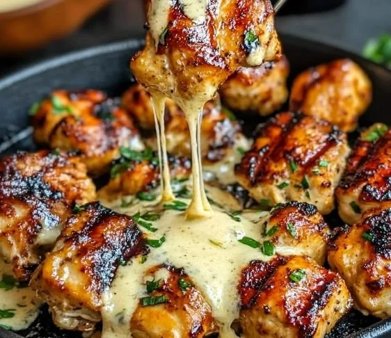 Creamy garlic sauce served with grilled chicken on a plate.