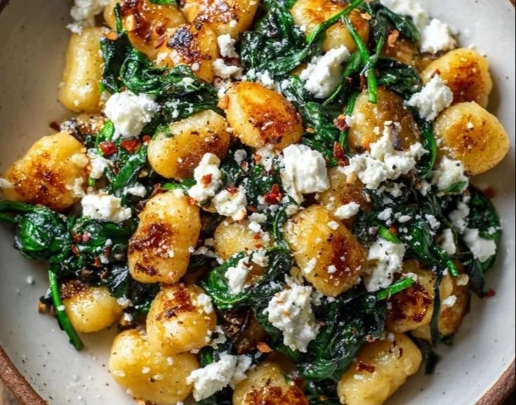Creamy gnocchi dish with spinach and feta served in a bowl