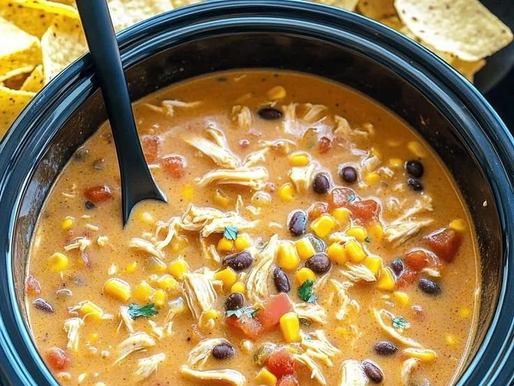 Delicious Crockpot Chicken Tortilla Soup served with tortilla chips and avocado
