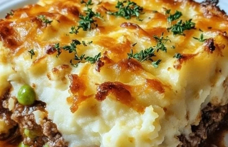 Easy Shepherd's Pie casserole with meat and mashed potatoes in a baking dish