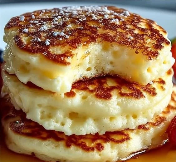 Fluffy gluten-free cottage cheese pancakes stacked on a plate