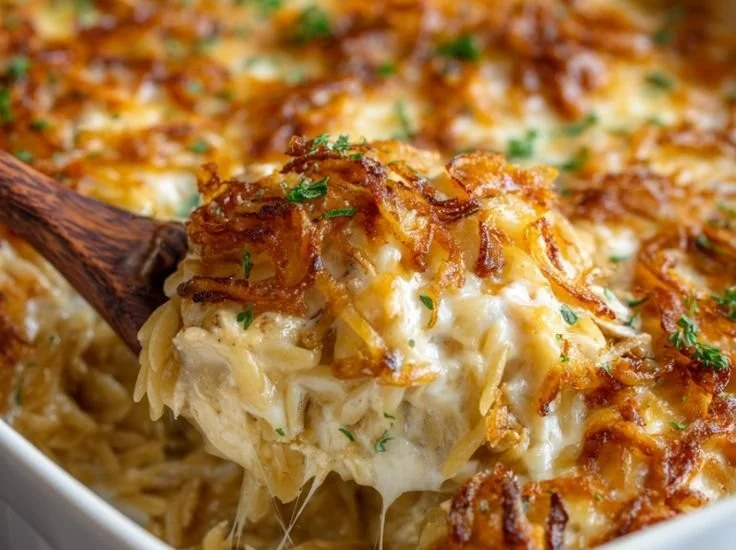 Delicious French onion chicken orzo casserole topped with melted cheese.
