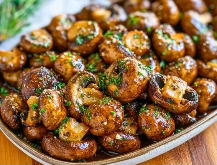 Delicious Garlic Honey Soy Roasted Mushrooms garnished and ready to serve.