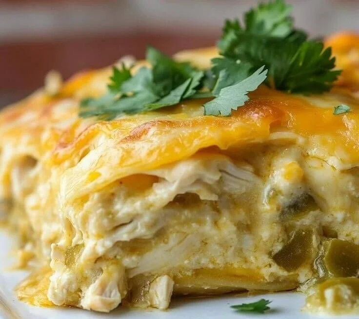 Green Chile Chicken Enchilada Casserole topped with cheese and green chiles