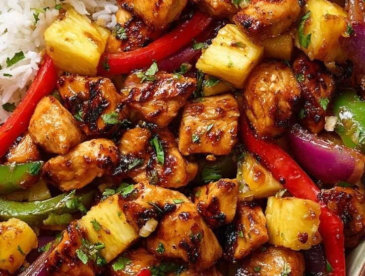 Hawaiian Chicken Sheet Pan with vegetables ready to serve