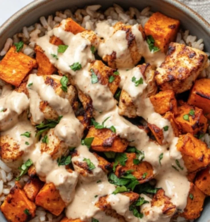 Healthy chicken and sweet potato rice bowl, a nutritious meal option.
