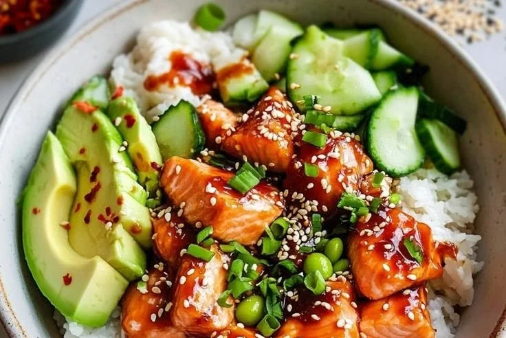 Honey Sriracha Salmon bowl with fresh vegetables and grains