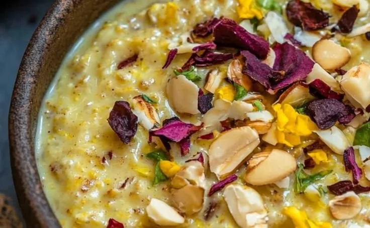 Bowl of Indian Overnight Oats topped with fruits and nuts