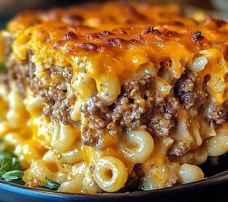 Delicious Mac and Cheese Meatloaf Casserole served on a plate