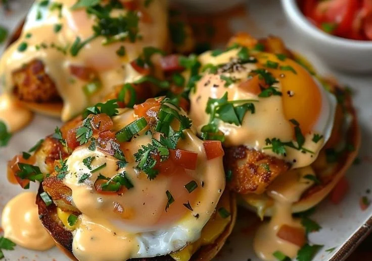 Plate of Mexican Eggs Benedict with poached eggs, avocado, and salsa