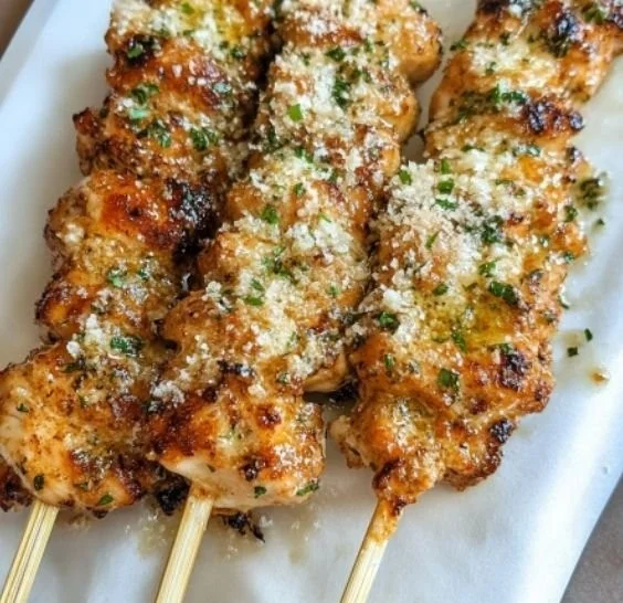 Ranch Garlic Parmesan Chicken Skewers ready for grilling with garlic and parmesan seasoning.