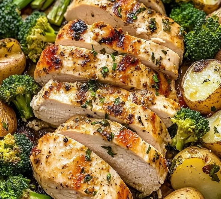 Sheet Pan Garlic Butter Chicken served with colorful roasted veggies