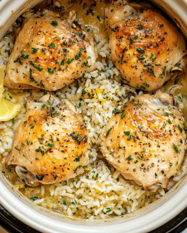 Slow cooker lemon herb chicken served over fluffy white rice