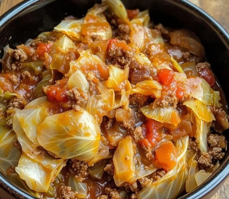 Slow cooker unstuffed cabbage rolls served in a bowl with herbs