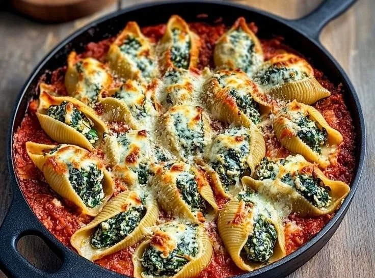 Baked spinach and ricotta stuffed shells served with marinara sauce