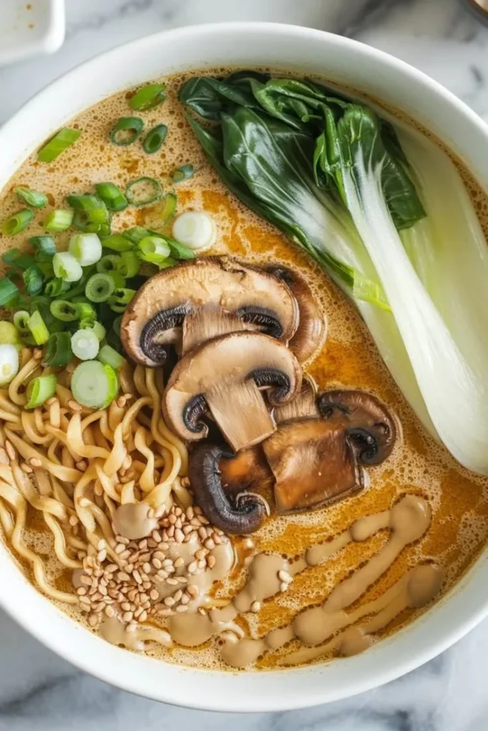 Bowl of Vegan Spicy Ramen with vegetables and broth
