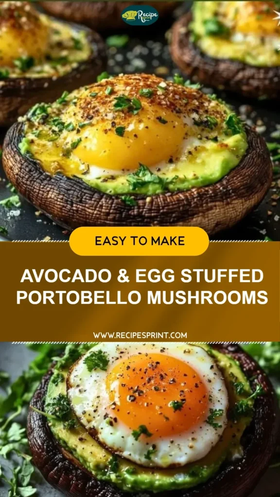 Avocado and egg stuffed portobello mushrooms on a plate