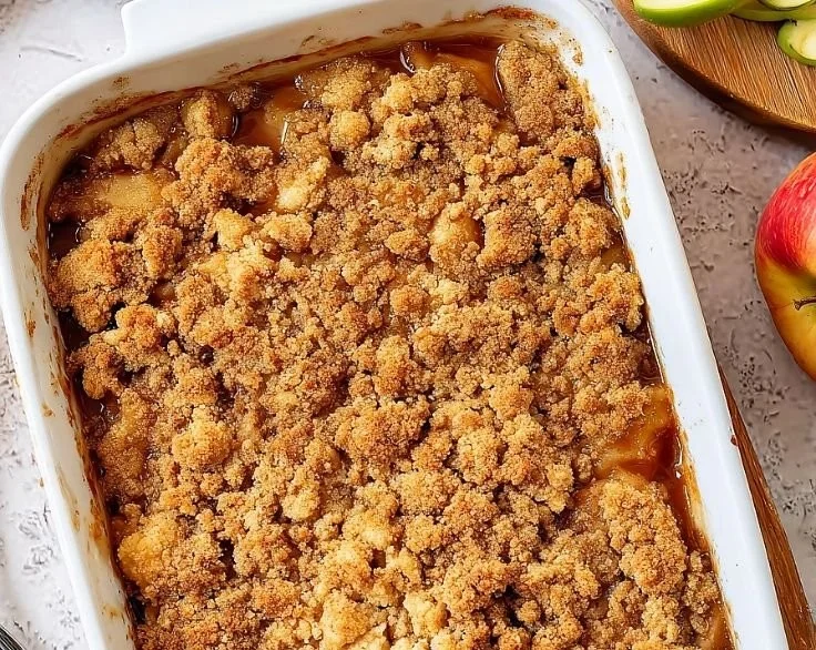 Delicious baked apple crumble with a golden topping and fresh apples