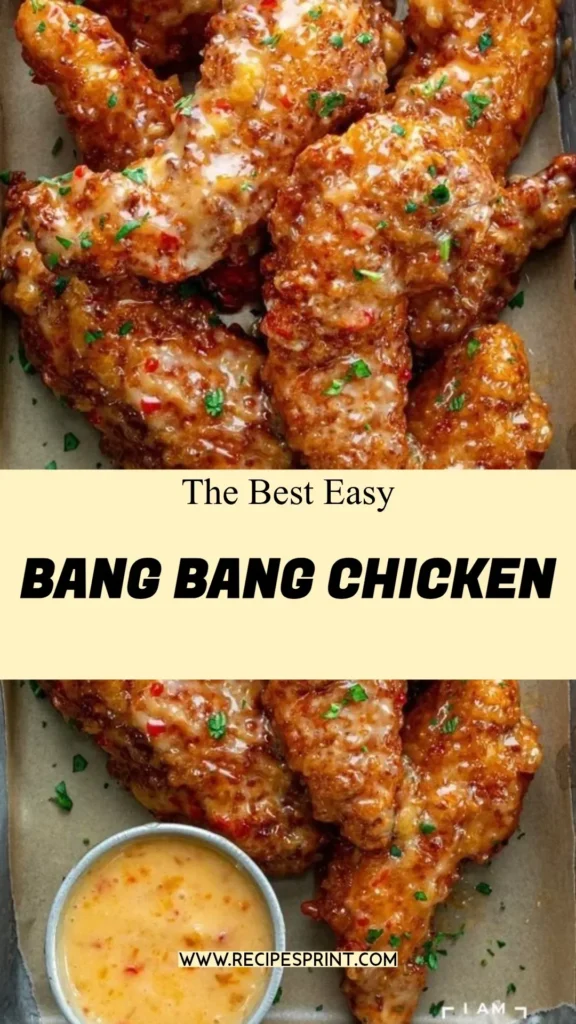 Delicious Bang Bang Chicken served with dipping sauce on a plate