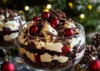 Delicious Black Forest Trifle dessert layered with chocolate, cherries, and cream.