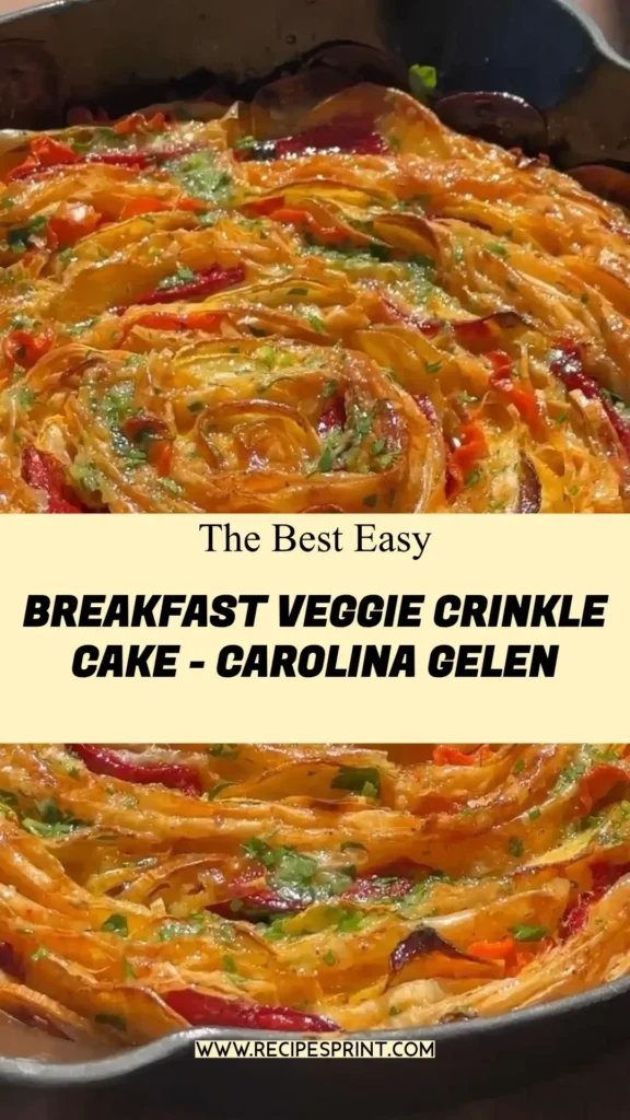 Delicious breakfast veggie crinkle cake topped with fresh vegetables and herbs.