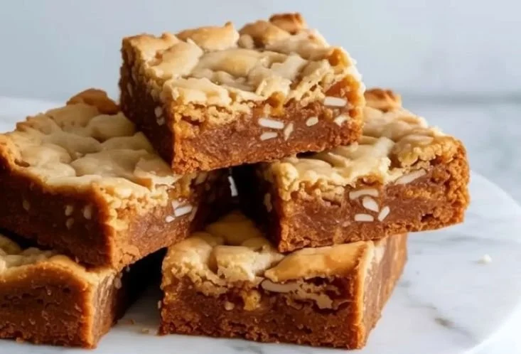 Deliciously baked brown butter coconut blondies on a rustic table