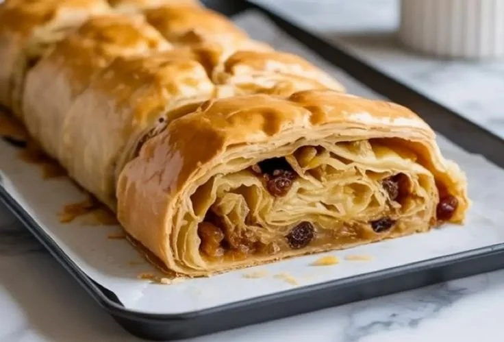 Delicious cabbage strudel filled with seasoned cabbage and herbs