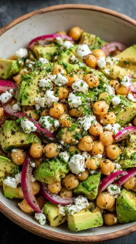 Chickpea Feta Avocado Salad with fresh ingredients and vibrant colors.