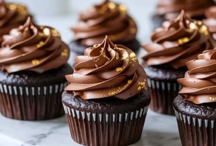 Chocolate Gold Cupcakes with elegant gold decorations on top