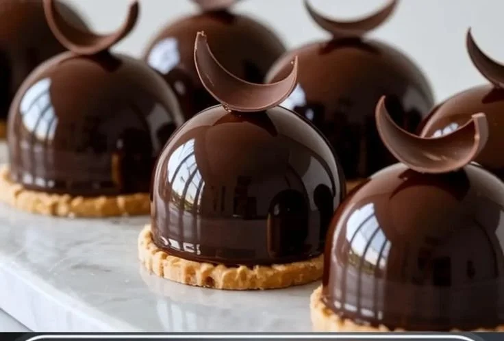 Chocolate Dome dessert topped with glossy chocolate glaze and decorative toppings.