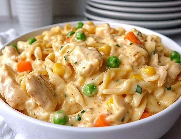 Classic chicken pot pie pasta dish with creamy sauce and vegetables