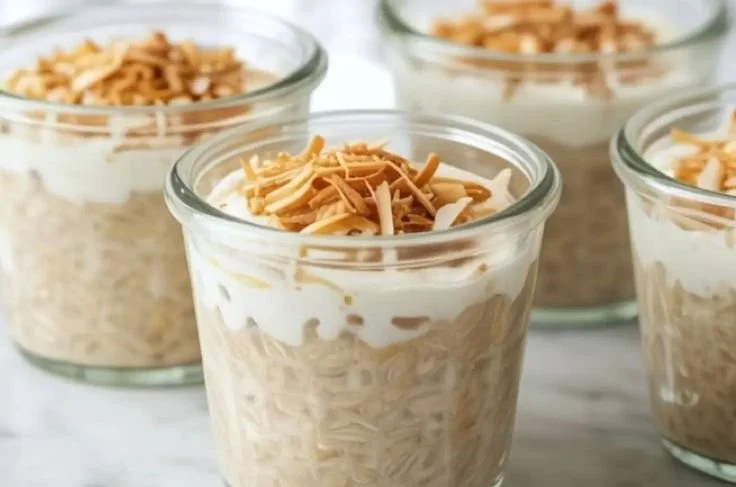 Coconut cream pie overnight oats topped with coconut flakes and whipped cream