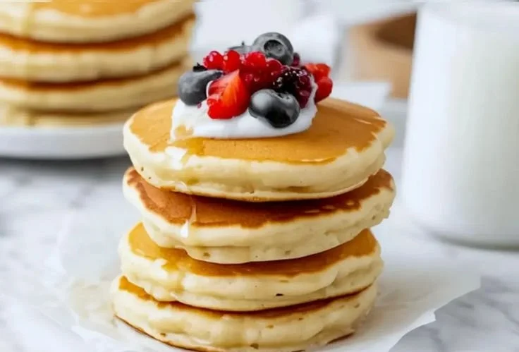 Plate of fluffy Coconut Flour Pancakes topped with fresh fruit and syrup.
