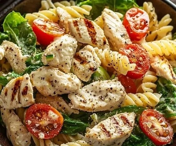 Creamy chicken pasta salad with fresh vegetables and a savory dressing