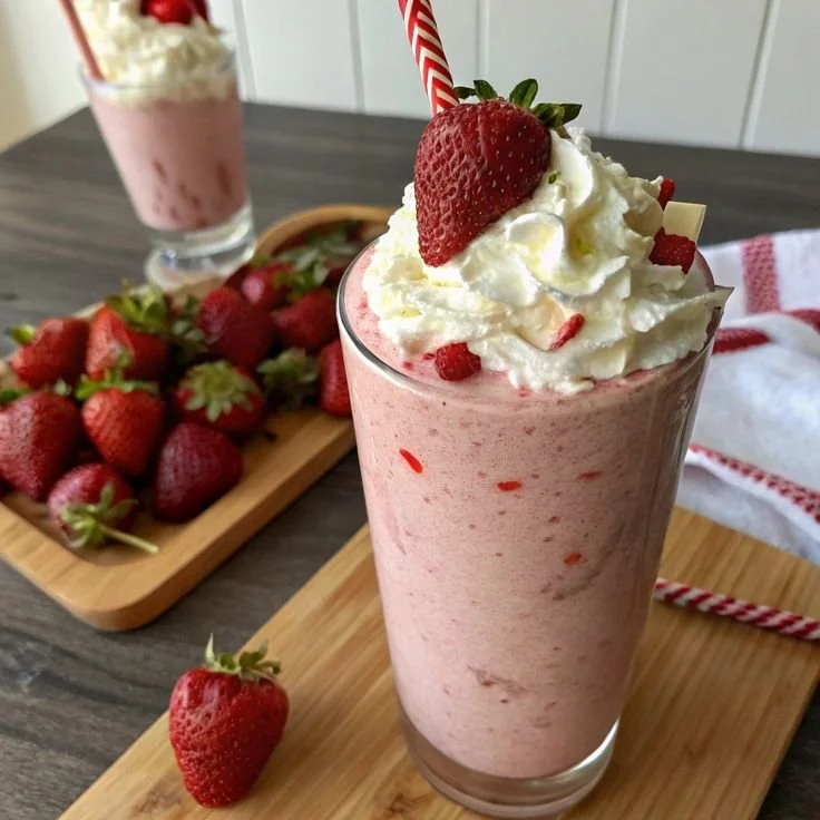 Creamy strawberry milkshake with fresh strawberries and whipped cream