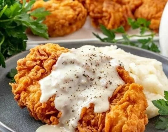 Crispy chicken fried chicken served with sides on a wooden platter