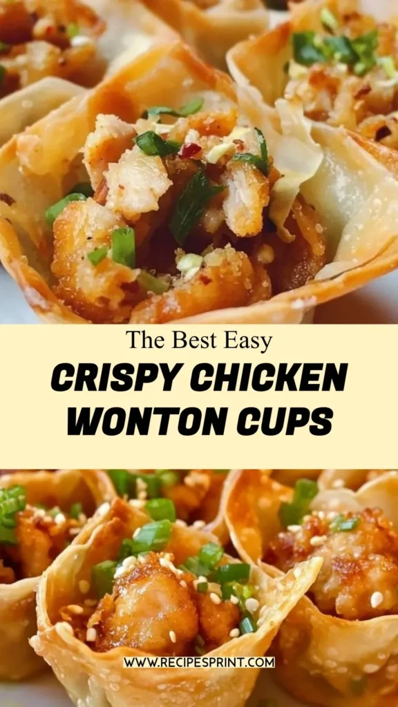 Crispy chicken wonton cups served on a platter, garnished with green onions.